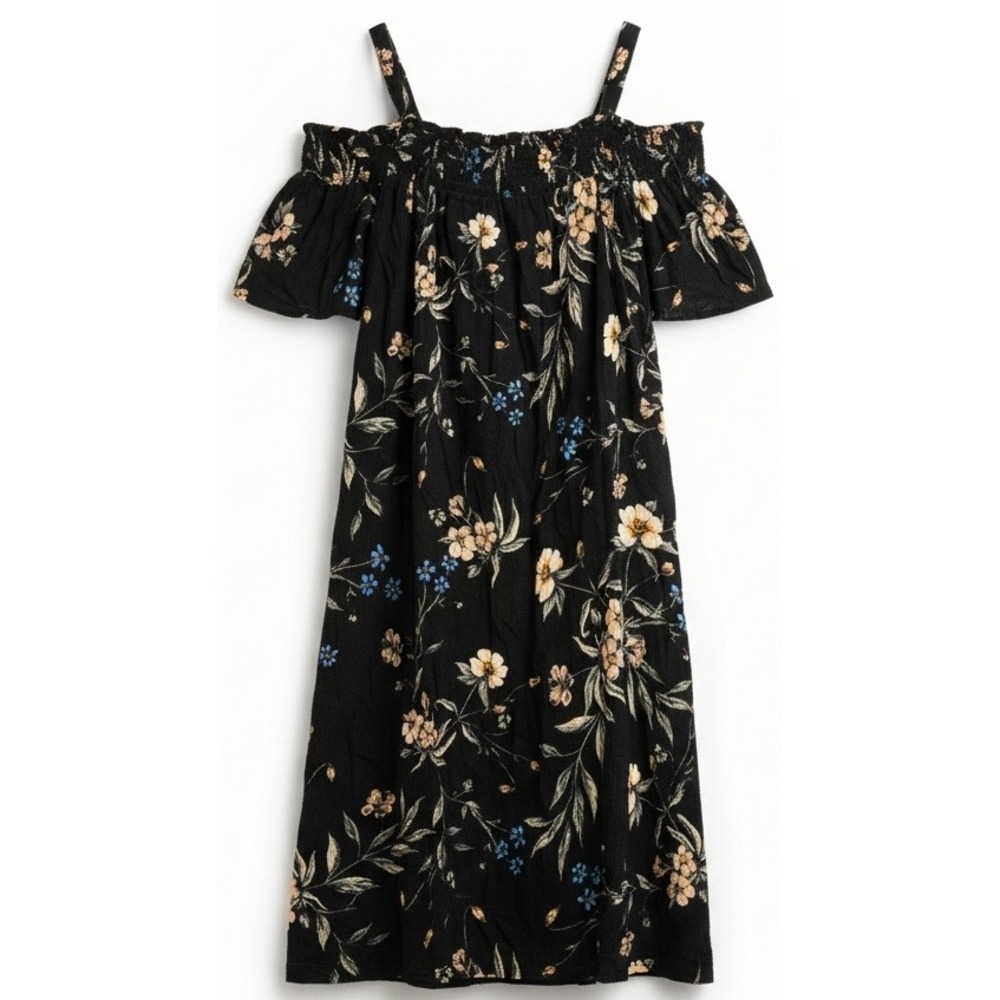 As U Wish Off Shoulder Strap Black Floral Lined Mini Dress Sz Large